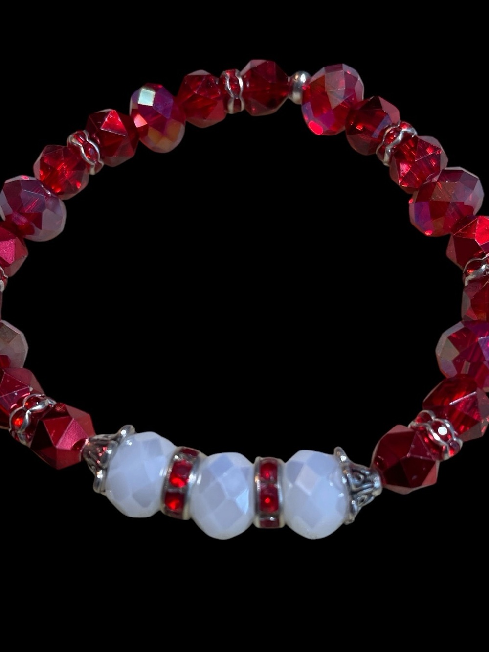 Festive Red and White Faceted Bead Stretch Bracelet